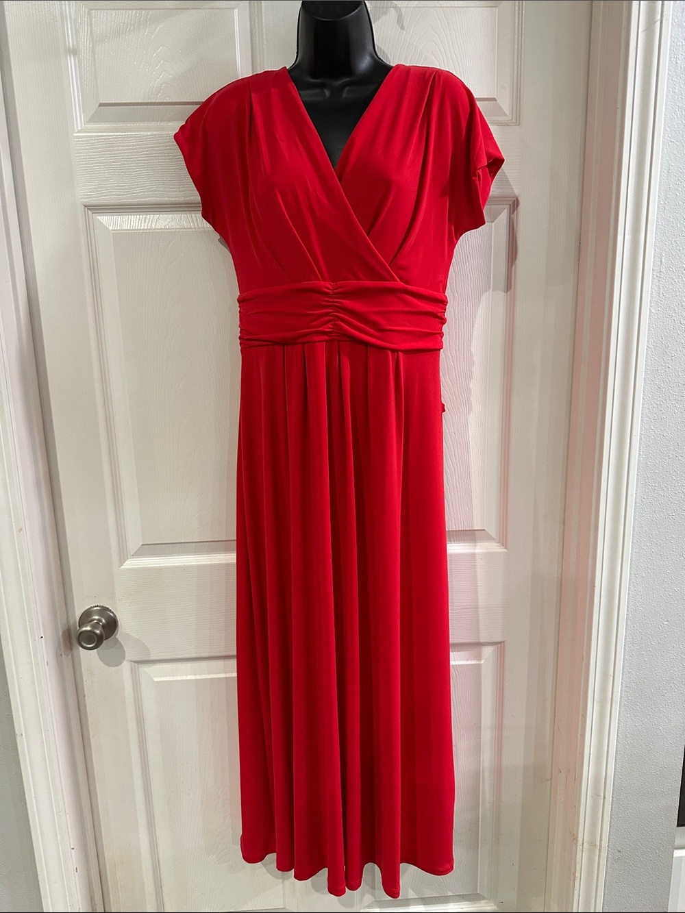 IMAN Red V-Neck Ruched Midi Dress